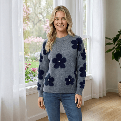 Womens Nanette Lepore Long Sleeve Floral Pearl Crew Neck Sweater